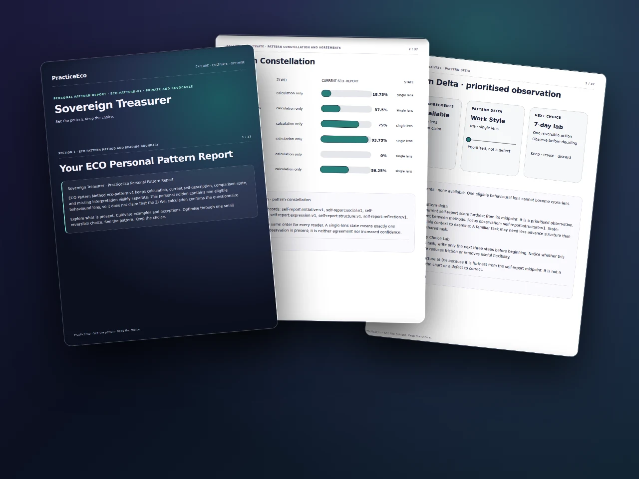 Three verified pages from the Personal Pattern Report: cover, chart and self-report dimensions